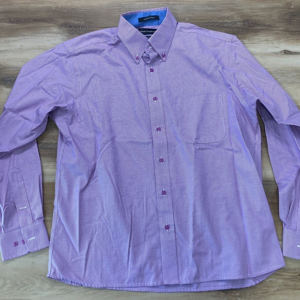 Paul Fredrick Dress Shirt 16x35 Micro Check Cotton Classic Fit Purple White